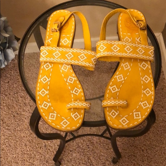 Tory Burch Shoes - Yellow and white Tory Burch sandals Aztec print